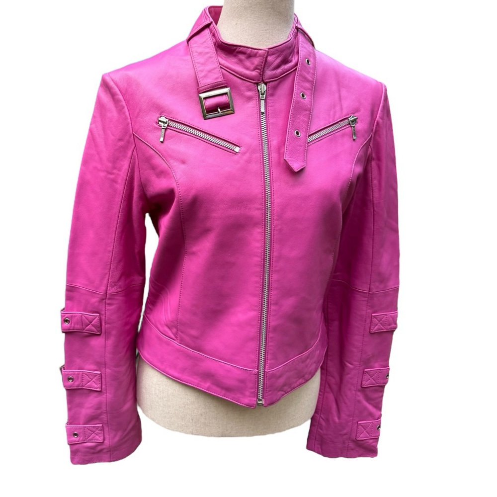Fuchsia Pink Leather Moto Jacket São Paulo Size 6 – Cropped Buckle Sleeve Biker - Picture 13 of 15